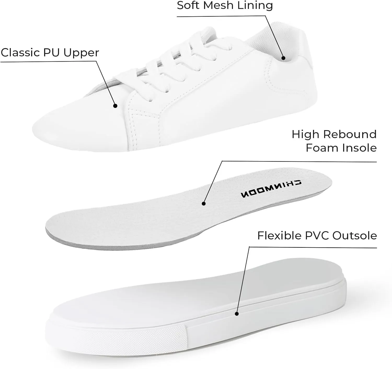 CHIN·MOON Women's Fashion Sneakers White PU Leather Casual Shoes Low Top Lace Up Tennis Sneakers