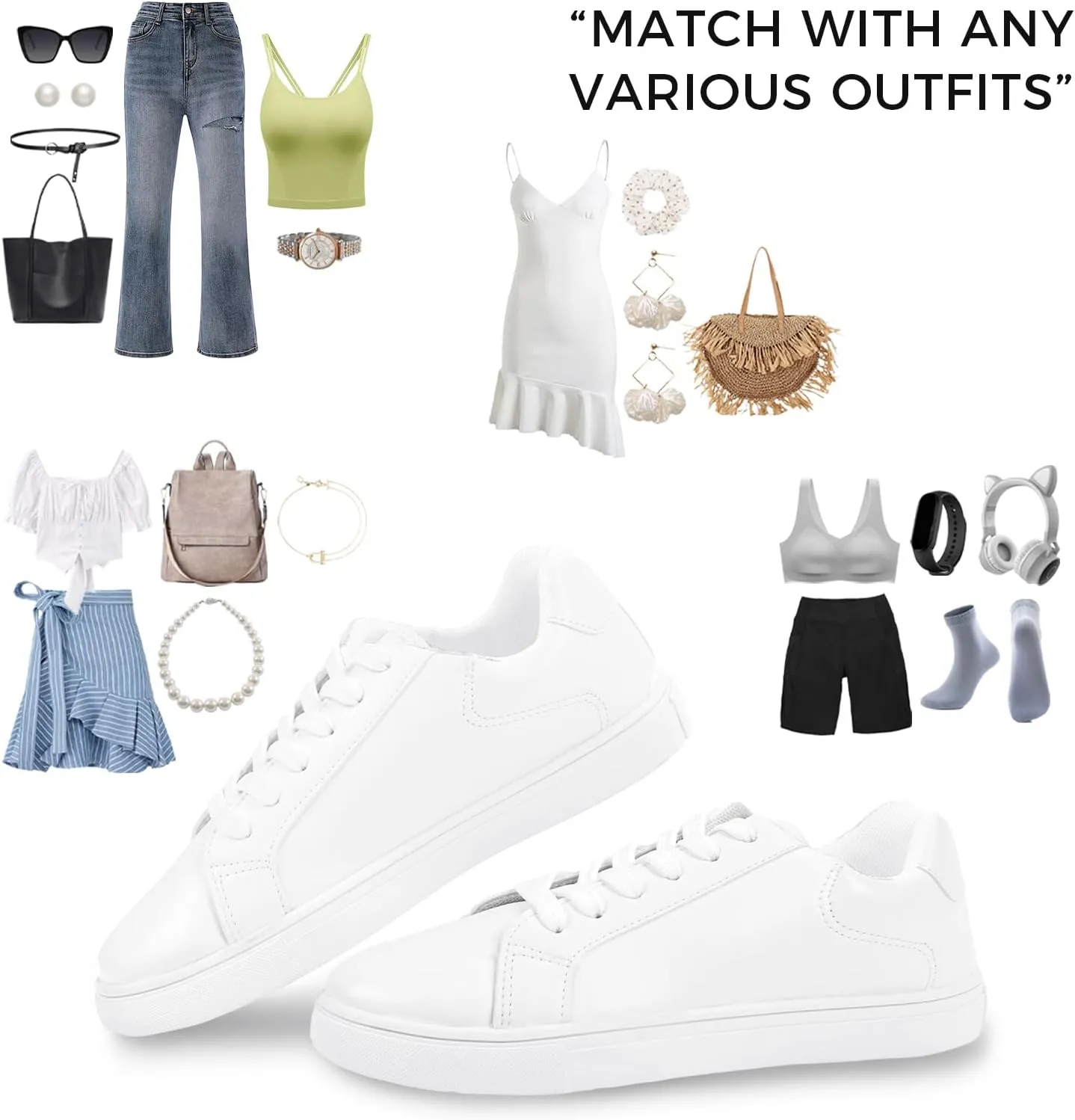 CHIN·MOON Women's Fashion Sneakers White PU Leather Casual Shoes Low Top Lace Up Tennis Sneakers