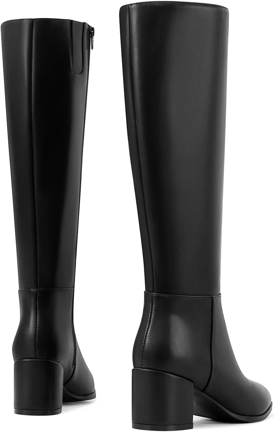 Chunky Heel Knee High Boots for Women with Round Toe Side Zipper Tall Boots