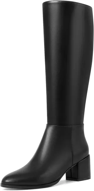 Chunky Heel Knee High Boots for Women with Round Toe Side Zipper Tall Boots
