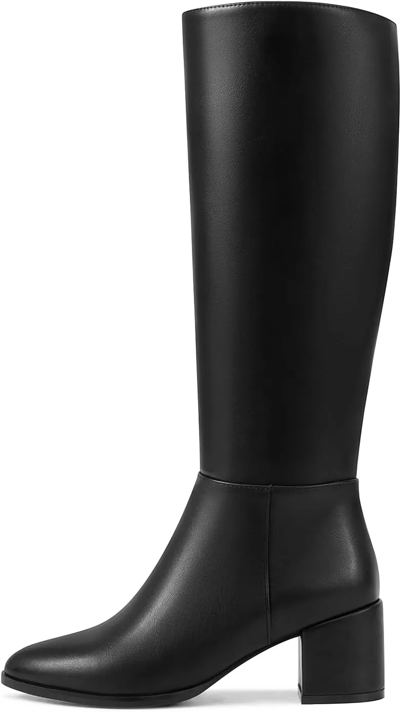 Chunky Heel Knee High Boots for Women with Round Toe Side Zipper Tall Boots
