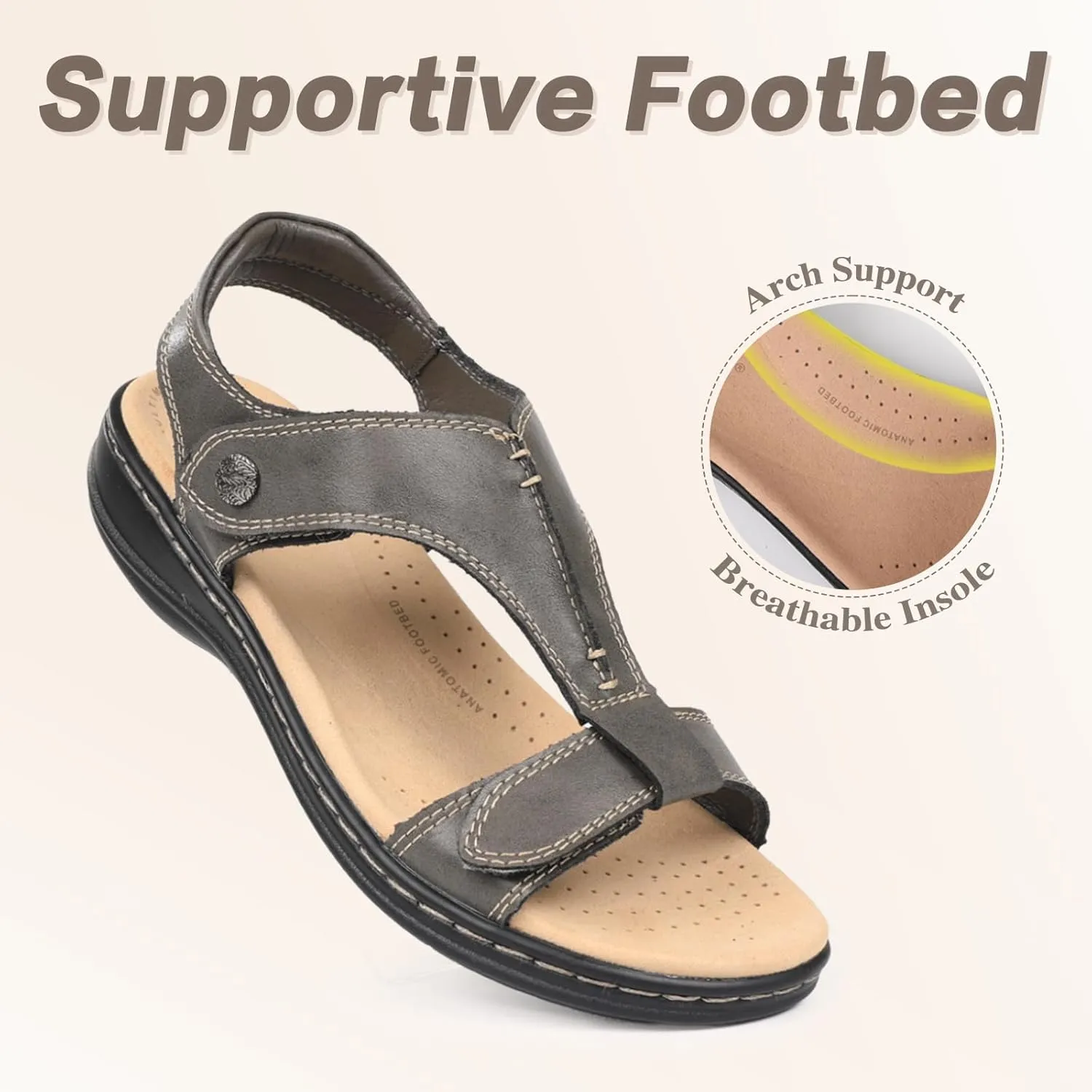 CIOR Leather Women Sandals with Arch Support, Comfortable Memory Foam Summer Beach Sandals Shoes