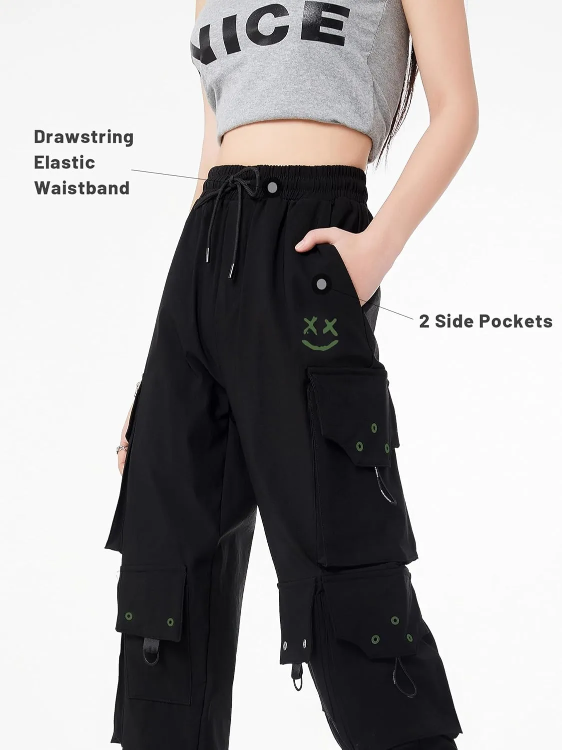 CLOAKA Cargo Pants Women Gothic Y2K High Waist Adjustable with Pockets Drawstring Street Techwear Jogger Sweatpants