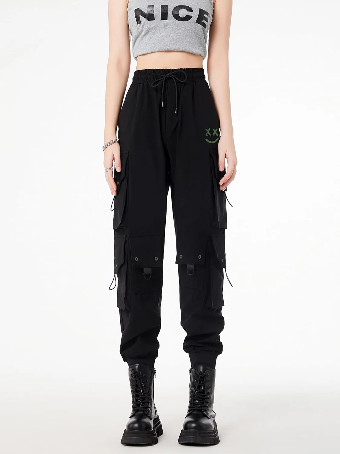 CLOAKA Cargo Pants Women Gothic Y2K High Waist Adjustable with Pockets Drawstring Street Techwear Jogger Sweatpants