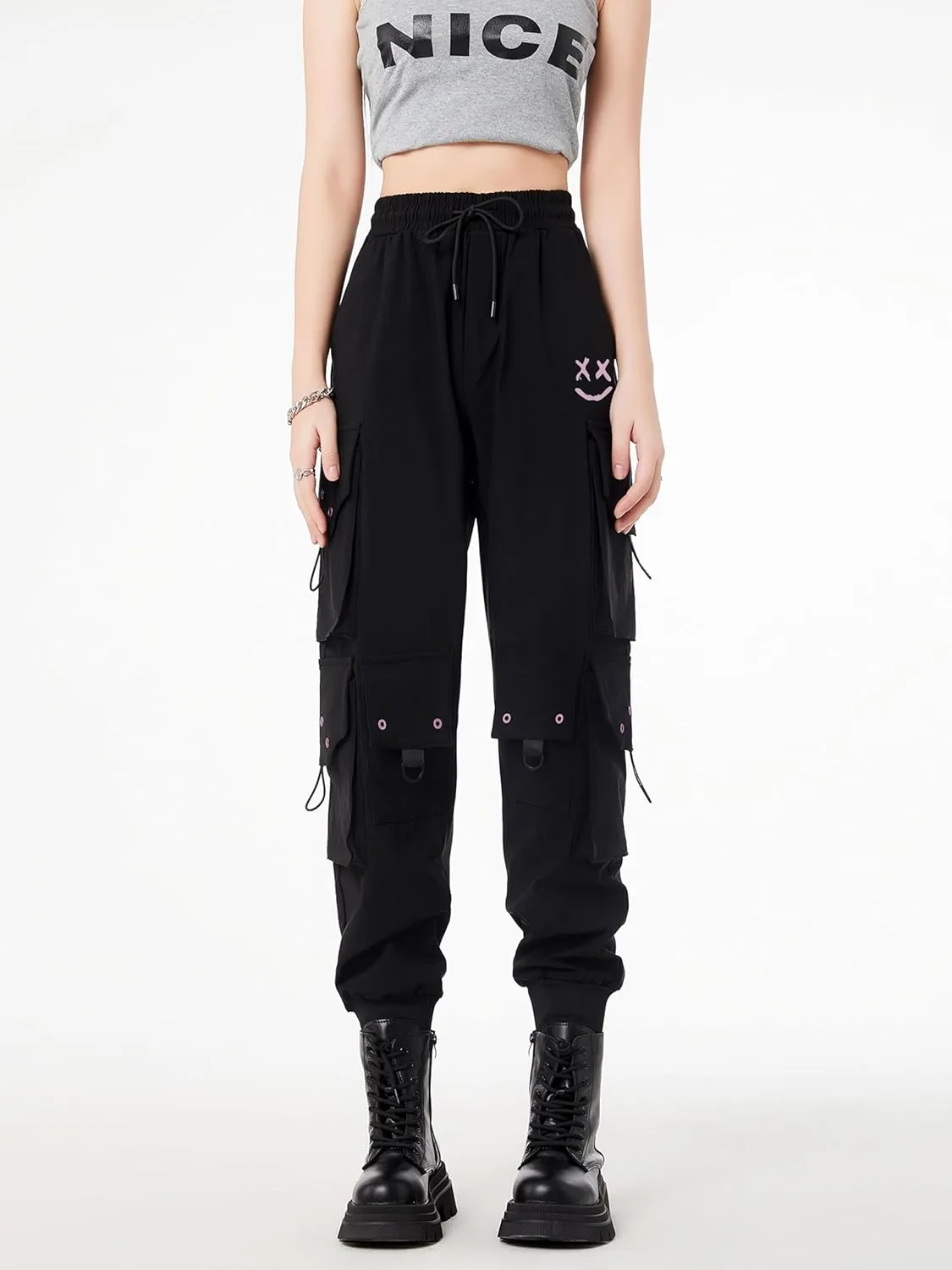 CLOAKA Cargo Pants Women Gothic Y2K High Waist Adjustable with Pockets Drawstring Street Techwear Jogger Sweatpants