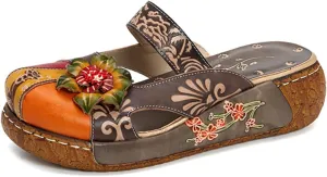 Clogs for Women Sandals Summer Leather Slippers Slip on Mules Flat Sandals Outdoor Anti Slip Platform Sandals Shoes Platform Colorful Handmade Flower Backless Loafer Shoes