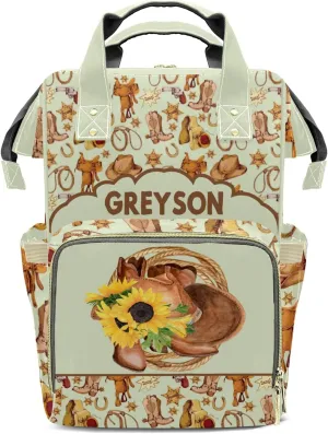 Cool Cowboy Hats Boots Personalized Large Capacity Diaper Bags,Custom Name Backpack Casual Daypack Bag Nappy Bag Gifts