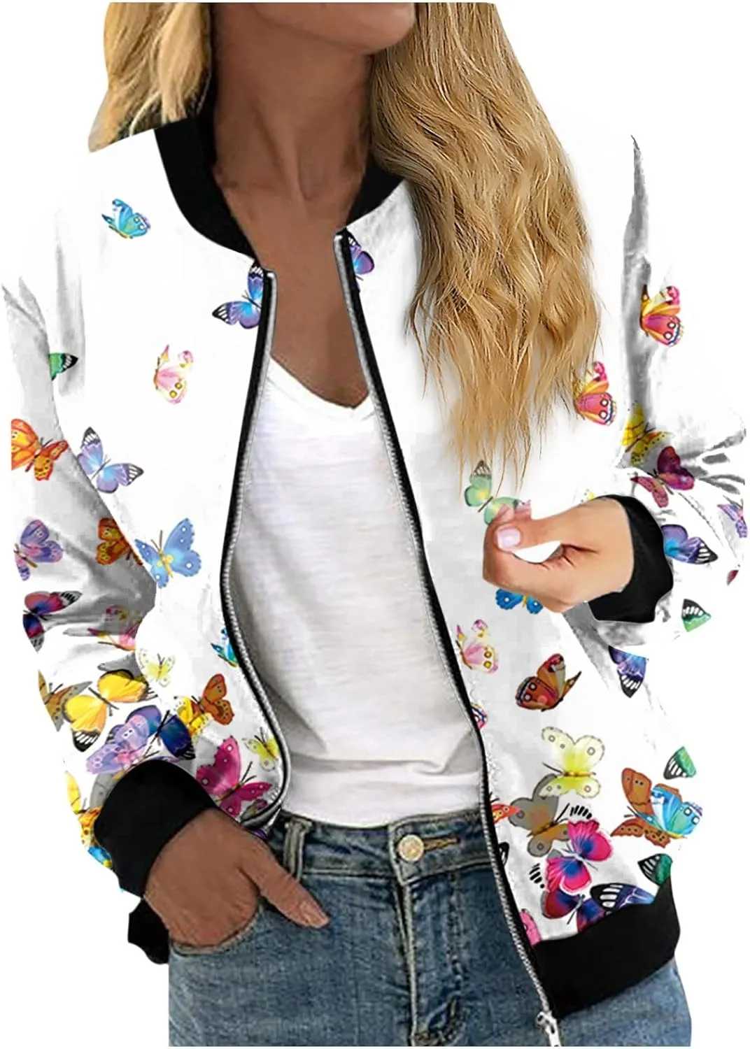 COTECRAM Bomber Jacket Women 2024 Causal Floral Zip Up Coats Long Sleeve Stand Collar Fall Jackets Lightweight Outerwear Tops
