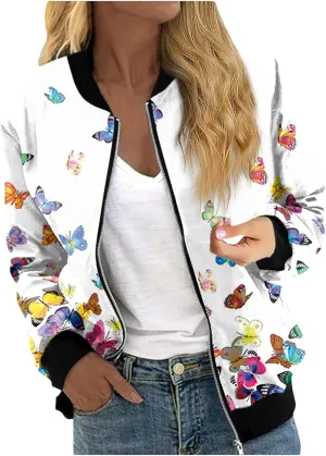 COTECRAM Bomber Jacket Women 2024 Causal Floral Zip Up Coats Long Sleeve Stand Collar Fall Jackets Lightweight Outerwear Tops
