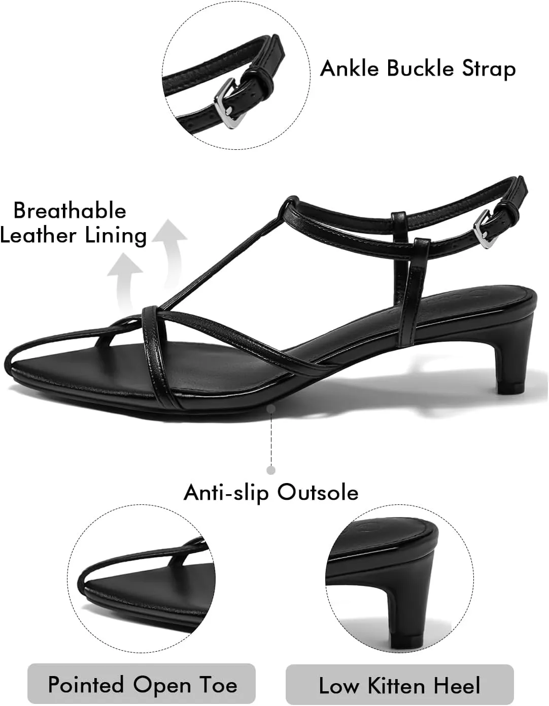 Coutgo Womens Dress Sandals Strappy Low Kitten Heels Pointed Open Toe Summer Beach Shoes