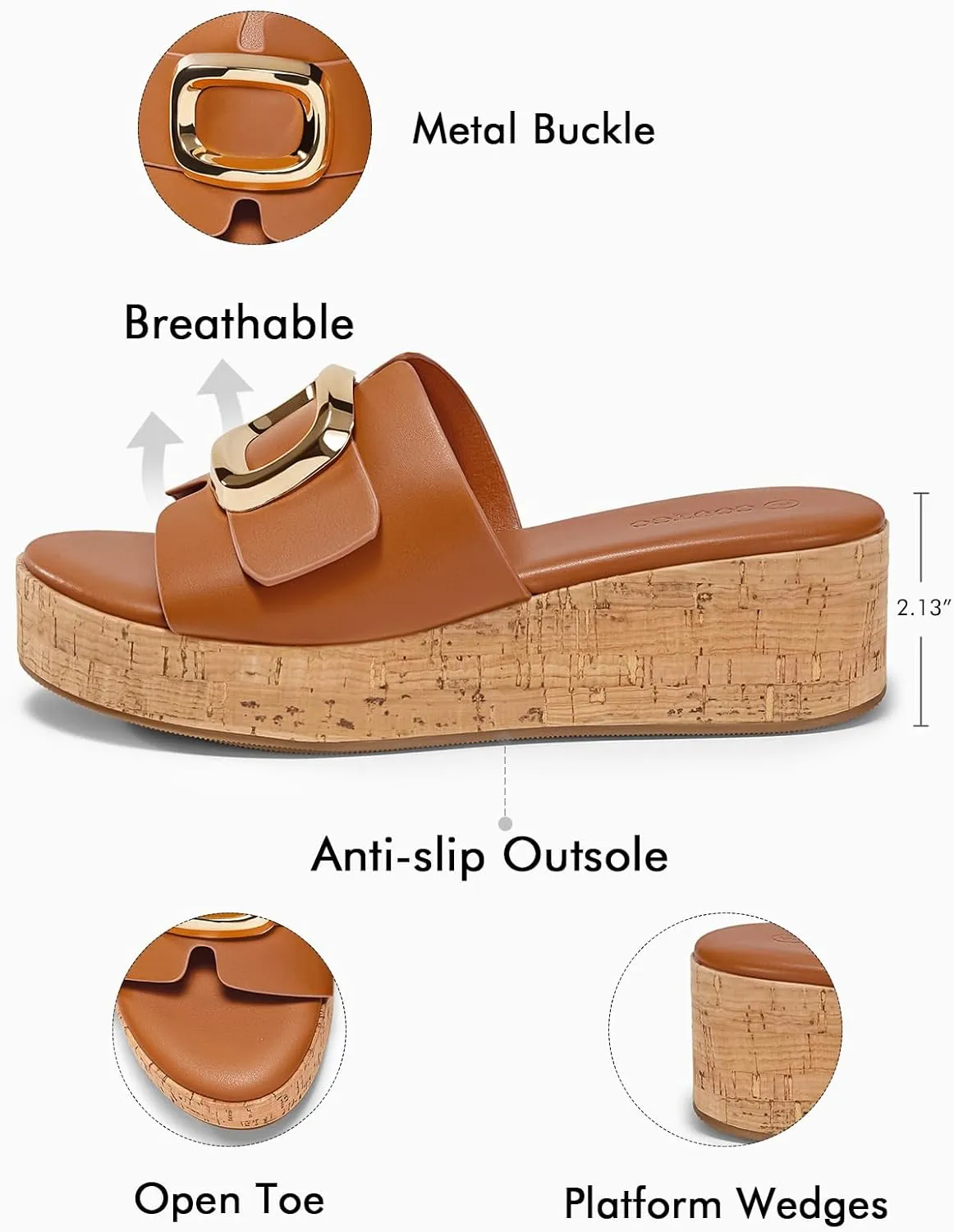 Coutgo Womens Platform Sandals Cork Beach Slip on Wedges Metal Buckle Slides Open Toe Summer Shoes