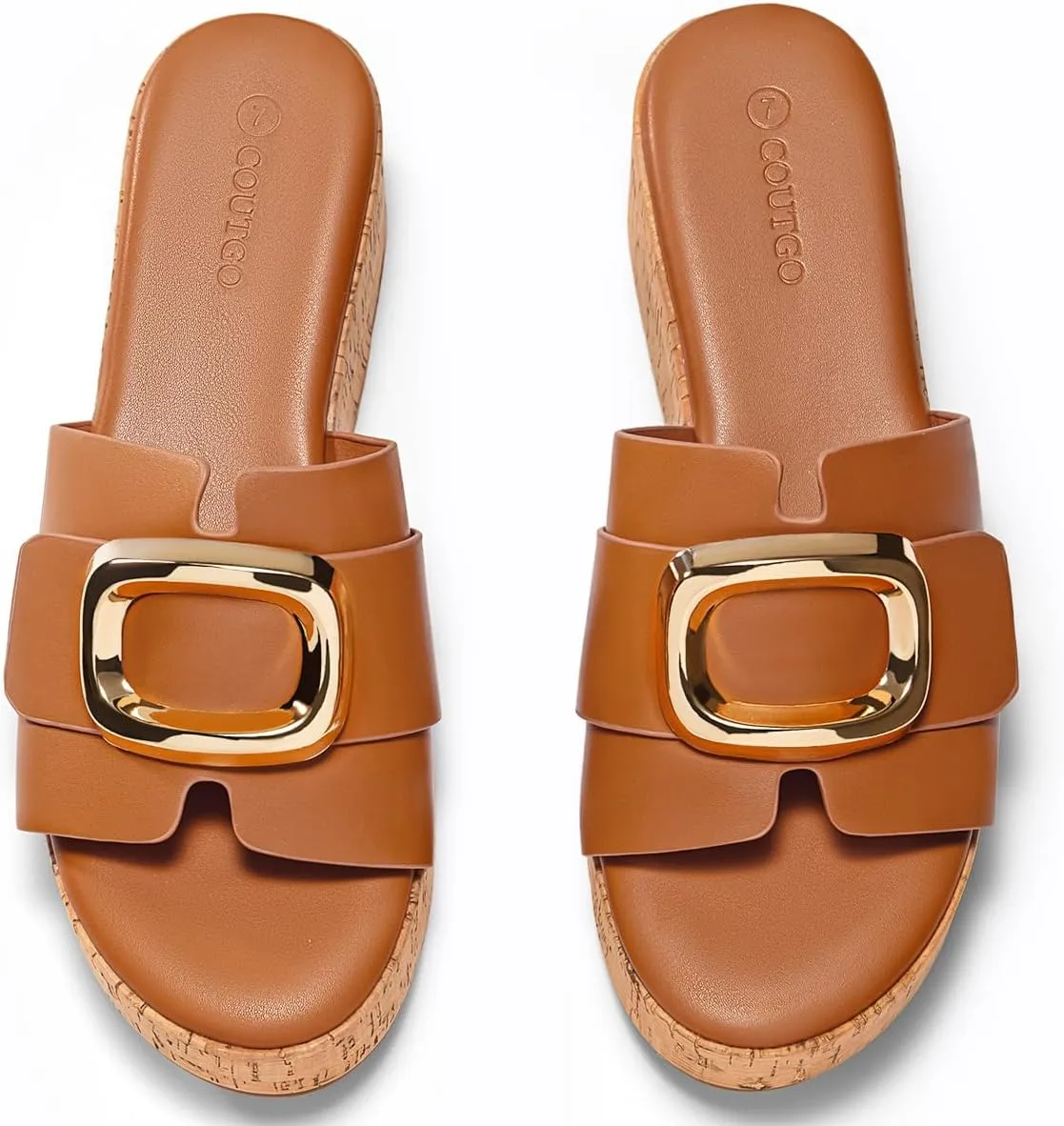 Coutgo Womens Platform Sandals Cork Beach Slip on Wedges Metal Buckle Slides Open Toe Summer Shoes
