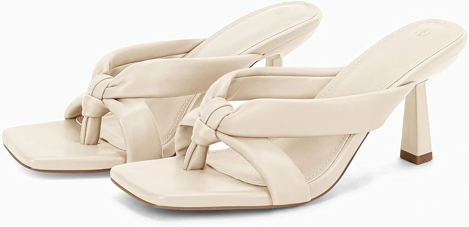 Coutgo Womens Thong Heels Mules Square Toe Heeled Flip Flops Mule Sexy Stiletto Dress Party Sandals
