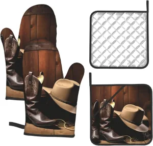 Cowboy Black Hat Western Boots 4PCS Oven Mitts and Pot Holders Set Heat Resistant Oven Gloves Waterproof Cooking Gloves Hot Pads with Hanging Loop for Kitchen BBQ Outdoor Grilling