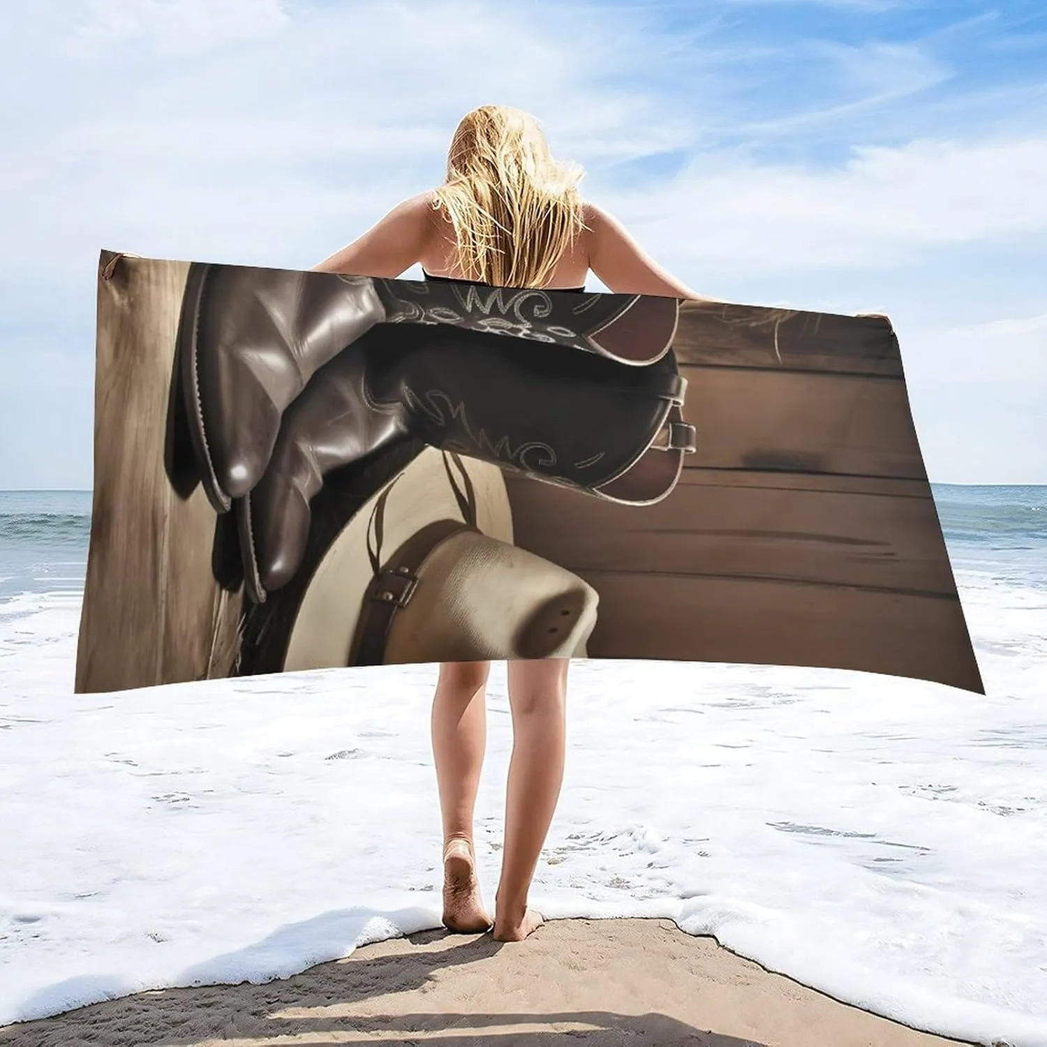 Cowboy Black Hat Western Boots Beach Towel 31"X63" Oversized Beach Towels Lightweight Sand Free Pool Towel Quick Dry Absorbent Bath Towels Vacation Essentials for Women