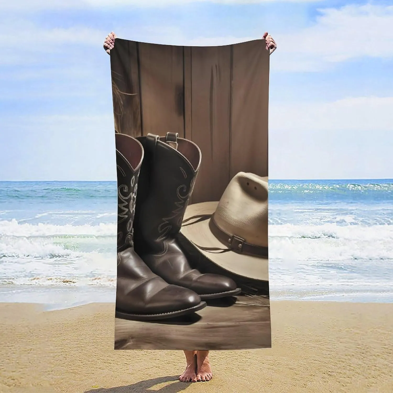 Cowboy Black Hat Western Boots Beach Towel 31"X63" Oversized Beach Towels Lightweight Sand Free Pool Towel Quick Dry Absorbent Bath Towels Vacation Essentials for Women