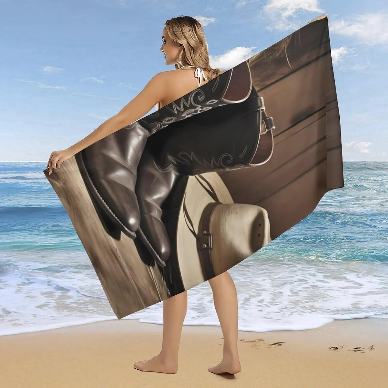 Cowboy Black Hat Western Boots Beach Towel 31"X63" Oversized Beach Towels Lightweight Sand Free Pool Towel Quick Dry Absorbent Bath Towels Vacation Essentials for Women