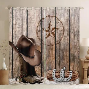 Cowboy Curtains 38"Wx45"L Western Texas Star Horseshoe Curtains & Drapes Rustic Farmhouse Window Curtains For Kids Adults Cowboy Boots Hat Curtains 2 Panels Brown Wild West Style Bedroom Decor