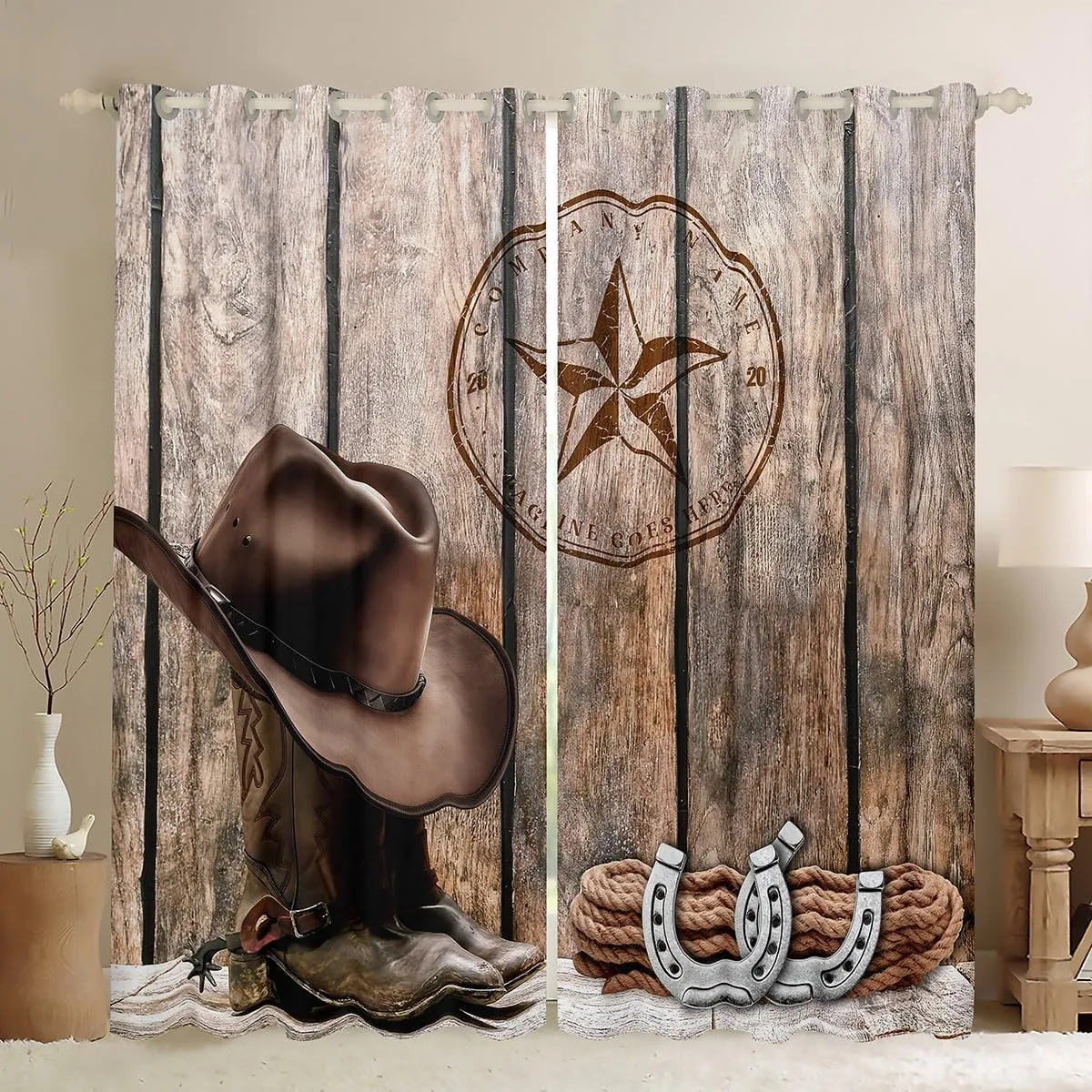 Cowboy Curtains 38"Wx45"L Western Texas Star Horseshoe Curtains & Drapes Rustic Farmhouse Window Curtains For Kids Adults Cowboy Boots Hat Curtains 2 Panels Brown Wild West Style Bedroom Decor