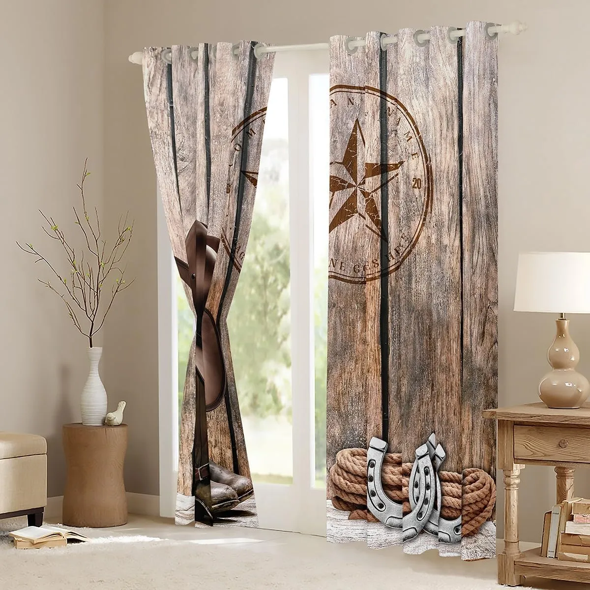 Cowboy Curtains 38"Wx45"L Western Texas Star Horseshoe Curtains & Drapes Rustic Farmhouse Window Curtains For Kids Adults Cowboy Boots Hat Curtains 2 Panels Brown Wild West Style Bedroom Decor