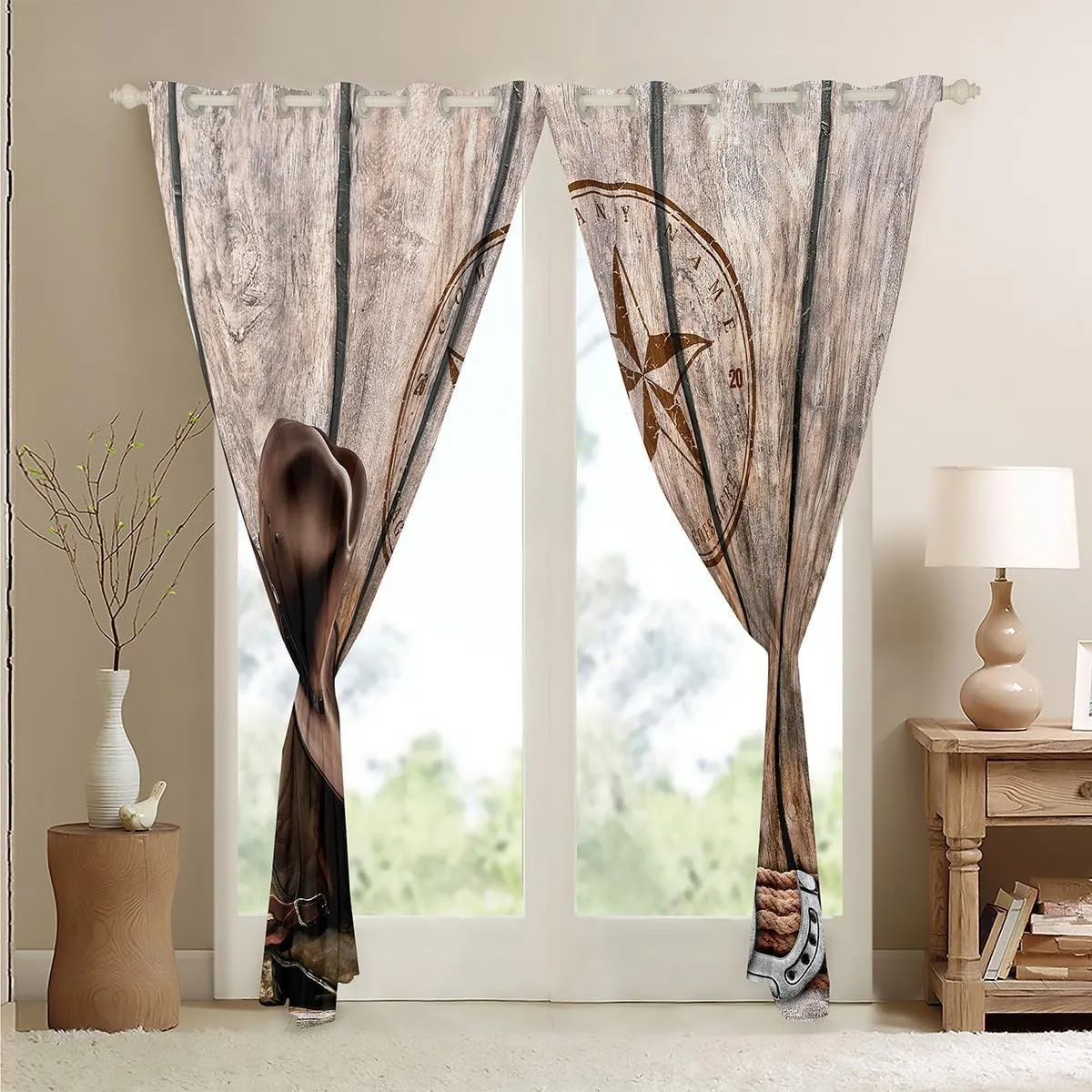 Cowboy Curtains 38"Wx45"L Western Texas Star Horseshoe Curtains & Drapes Rustic Farmhouse Window Curtains For Kids Adults Cowboy Boots Hat Curtains 2 Panels Brown Wild West Style Bedroom Decor