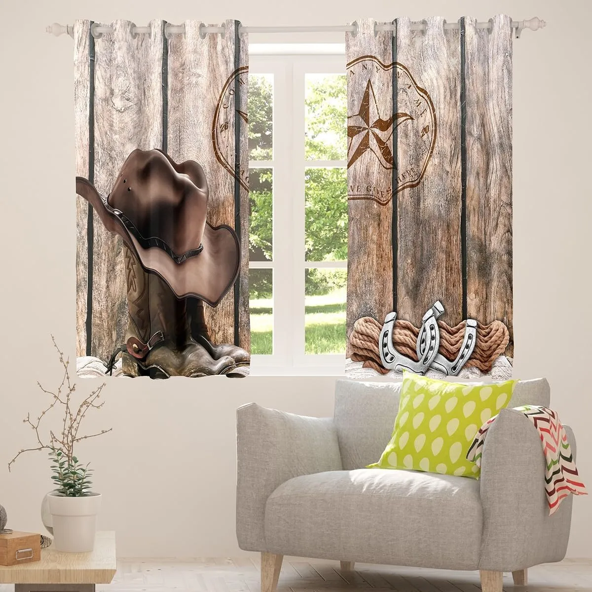 Cowboy Curtains 38"Wx45"L Western Texas Star Horseshoe Curtains & Drapes Rustic Farmhouse Window Curtains For Kids Adults Cowboy Boots Hat Curtains 2 Panels Brown Wild West Style Bedroom Decor