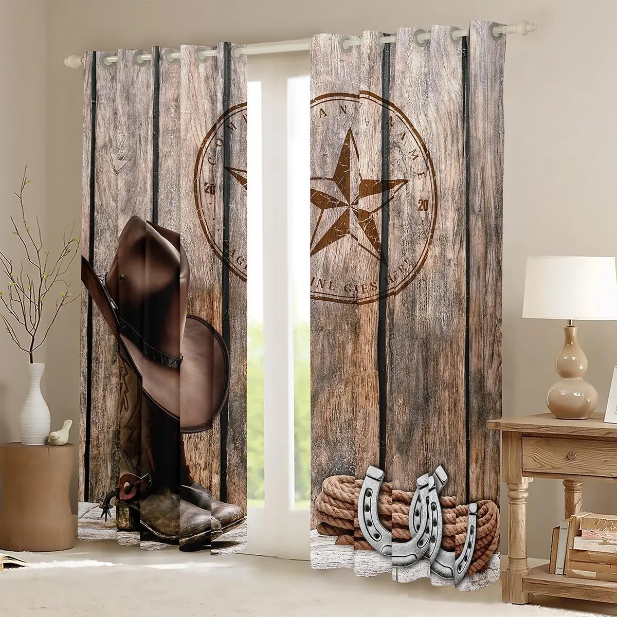 Cowboy Curtains 38"Wx45"L Western Texas Star Horseshoe Curtains & Drapes Rustic Farmhouse Window Curtains For Kids Adults Cowboy Boots Hat Curtains 2 Panels Brown Wild West Style Bedroom Decor