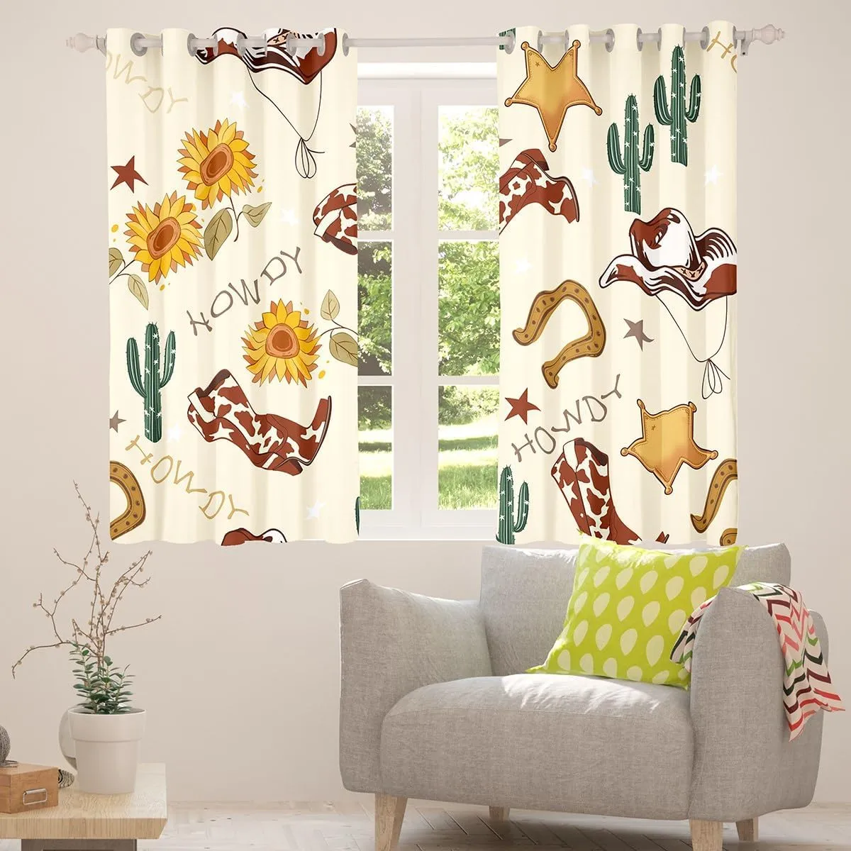 Cowboy Curtains for Bedroom 52Wx90L,Western Boots Hats Texas Star Horseshoe Tribal Windows Drapes Block 30%-50% Light,Rustic Cowhide Desert Cactus Sunflower Yellow Grommet Window Treatment,2 Panels