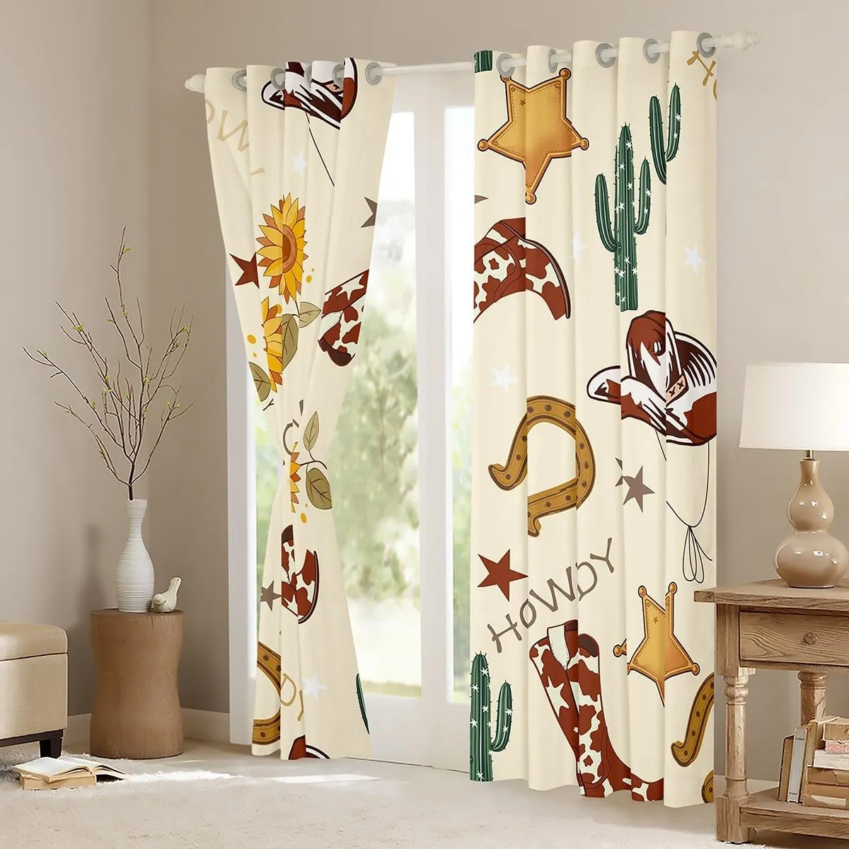 Cowboy Curtains for Bedroom 52Wx90L,Western Boots Hats Texas Star Horseshoe Tribal Windows Drapes Block 30%-50% Light,Rustic Cowhide Desert Cactus Sunflower Yellow Grommet Window Treatment,2 Panels