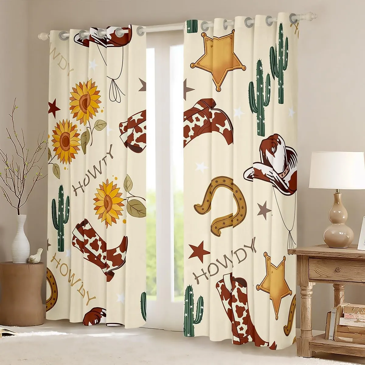 Cowboy Curtains for Bedroom 52Wx90L,Western Boots Hats Texas Star Horseshoe Tribal Windows Drapes Block 30%-50% Light,Rustic Cowhide Desert Cactus Sunflower Yellow Grommet Window Treatment,2 Panels