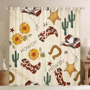 Cowboy Curtains for Bedroom 52Wx90L,Western Boots Hats Texas Star Horseshoe Tribal Windows Drapes Block 30%-50% Light,Rustic Cowhide Desert Cactus Sunflower Yellow Grommet Window Treatment,2 Panels