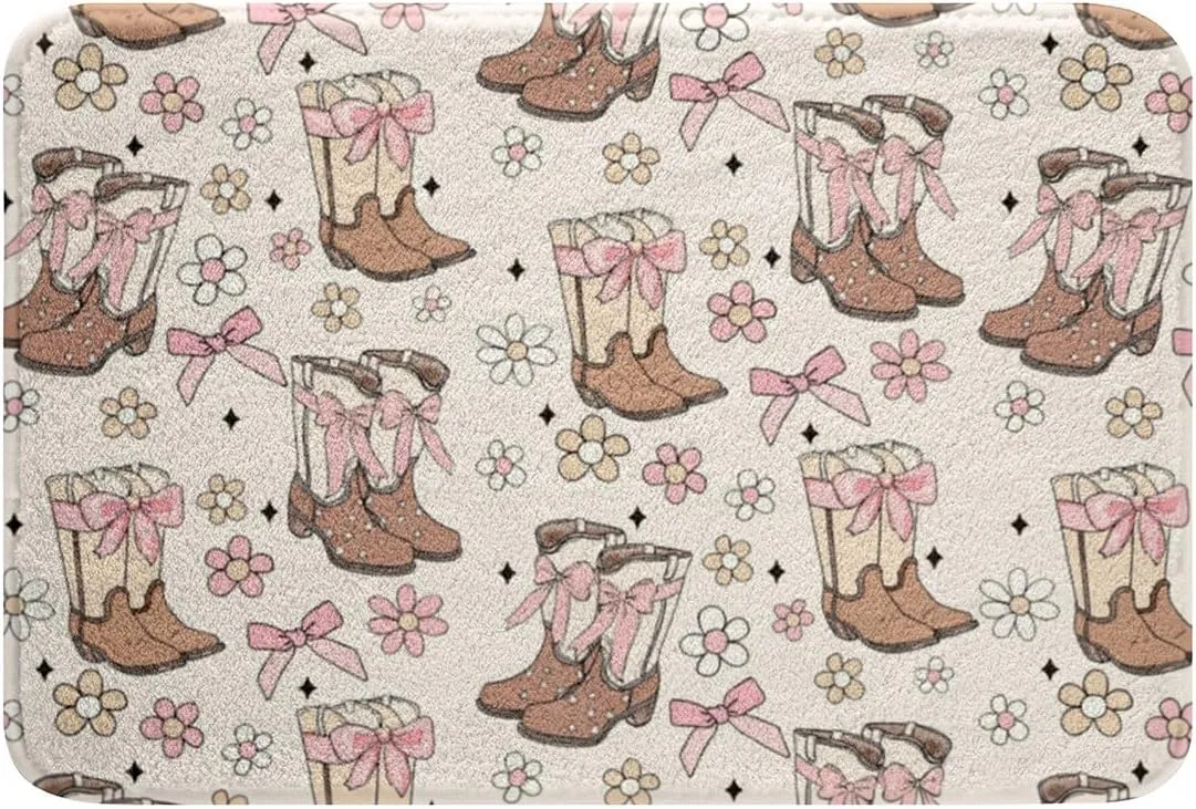 Cowgirl 16"X 24" Doormats Floor Mats Western Girls Hat Bath Mat for Girls Pink Cowboy Boots Skull Bathroom Rugs Cute Glitter Starry Entryway Rug for Kids Boys Woman Teens Bathroom Decor