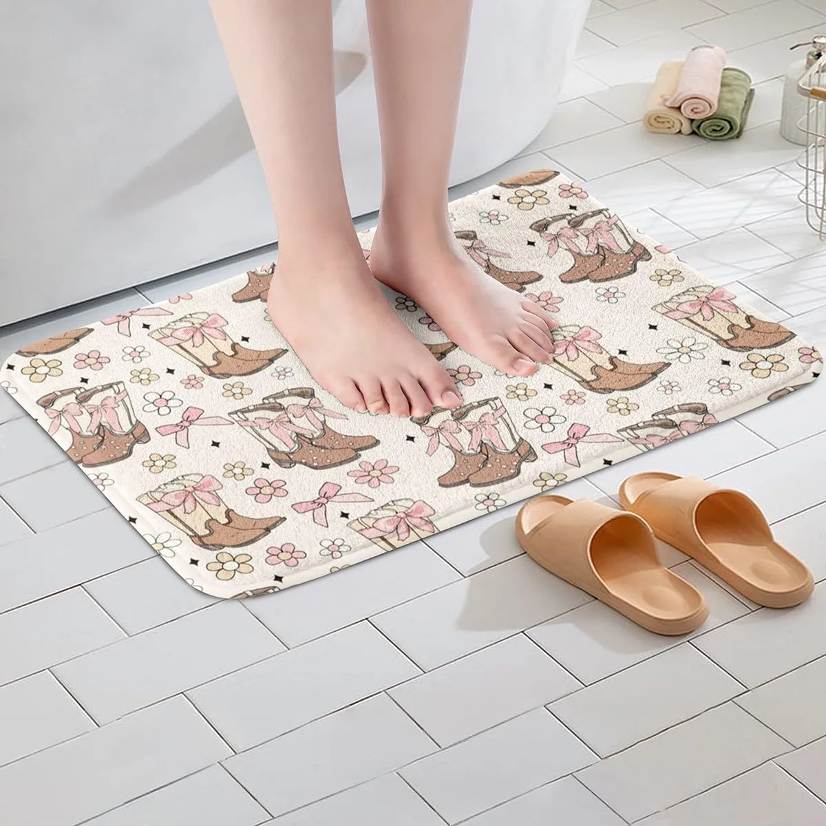 Cowgirl 16"X 24" Doormats Floor Mats Western Girls Hat Bath Mat for Girls Pink Cowboy Boots Skull Bathroom Rugs Cute Glitter Starry Entryway Rug for Kids Boys Woman Teens Bathroom Decor
