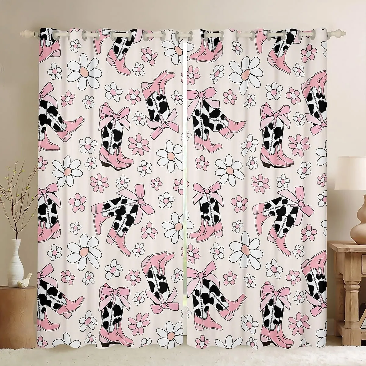 Cowgirl Boots Curtains for Bedroom 52Wx90L,Daisy Flowers 70s Retro Groovy Cartoon Windows Drapes Block 30%-50% Light,Princess Pink Bowknots Rustic Cowhide Window Treatment,2 Panels