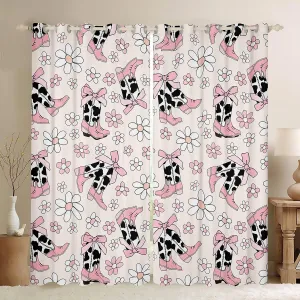 Cowgirl Boots Curtains for Bedroom 52Wx90L,Daisy Flowers 70s Retro Groovy Cartoon Windows Drapes Block 30%-50% Light,Princess Pink Bowknots Rustic Cowhide Window Treatment,2 Panels
