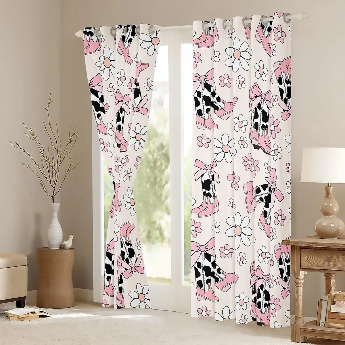Cowgirl Boots Curtains for Bedroom 52Wx90L,Daisy Flowers 70s Retro Groovy Cartoon Windows Drapes Block 30%-50% Light,Princess Pink Bowknots Rustic Cowhide Window Treatment,2 Panels