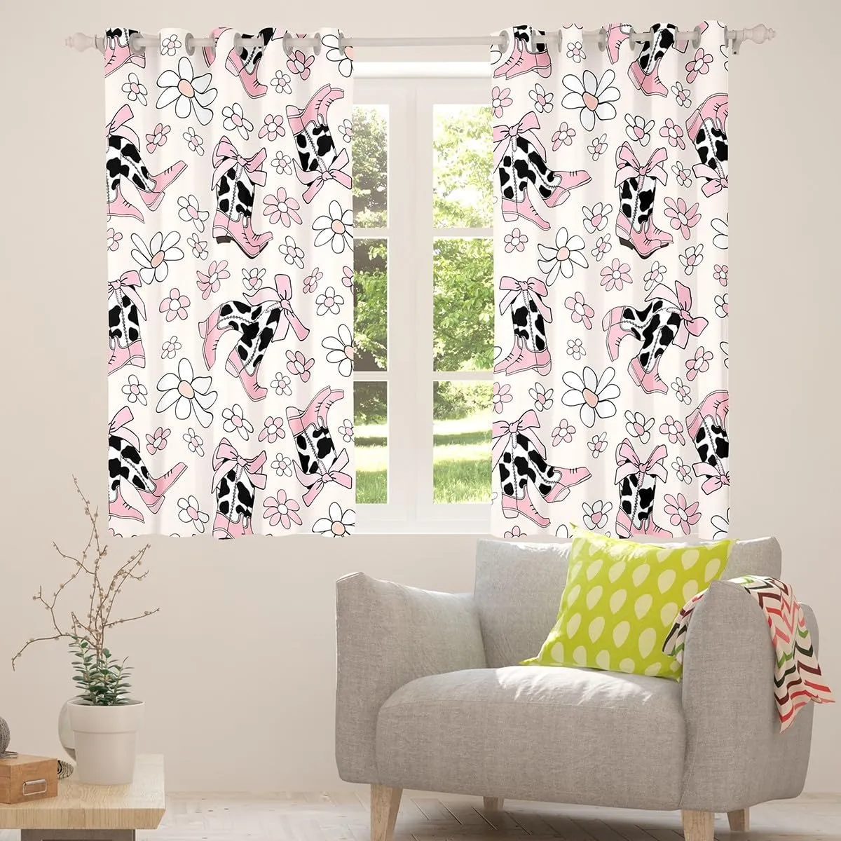 Cowgirl Boots Curtains for Bedroom 52Wx90L,Daisy Flowers 70s Retro Groovy Cartoon Windows Drapes Block 30%-50% Light,Princess Pink Bowknots Rustic Cowhide Window Treatment,2 Panels