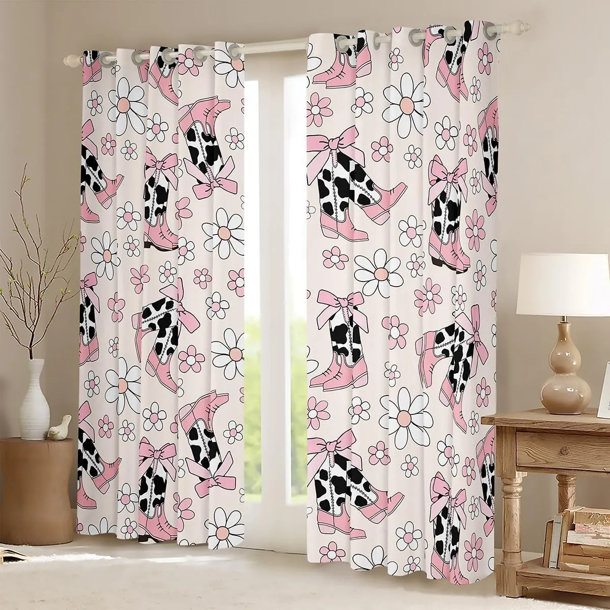 Cowgirl Boots Curtains for Bedroom 52Wx90L,Daisy Flowers 70s Retro Groovy Cartoon Windows Drapes Block 30%-50% Light,Princess Pink Bowknots Rustic Cowhide Window Treatment,2 Panels