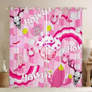 Cowgirls Window Curtains Western Cowgirl Boots Hat Horseshoe Window Drapes, Hot Pink Daisy Cactus Cow Skull Window Treatments, Kids Girl Room Decor, Grommet Top 2 Panel Set Curtains, 42Wx84L inch