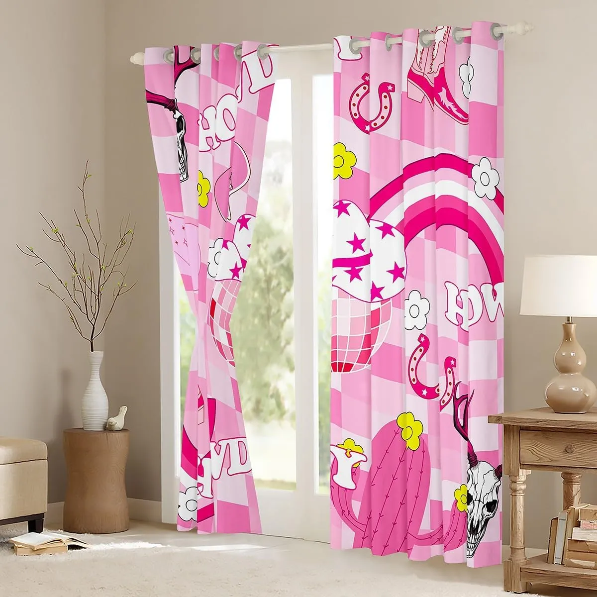 Cowgirls Window Curtains Western Cowgirl Boots Hat Horseshoe Window Drapes, Hot Pink Daisy Cactus Cow Skull Window Treatments, Kids Girl Room Decor, Grommet Top 2 Panel Set Curtains, 42Wx84L inch