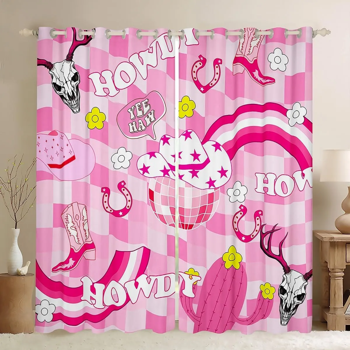 Cowgirls Window Curtains Western Cowgirl Boots Hat Horseshoe Window Drapes, Hot Pink Daisy Cactus Cow Skull Window Treatments, Kids Girl Room Decor, Grommet Top 2 Panel Set Curtains, 42Wx84L inch