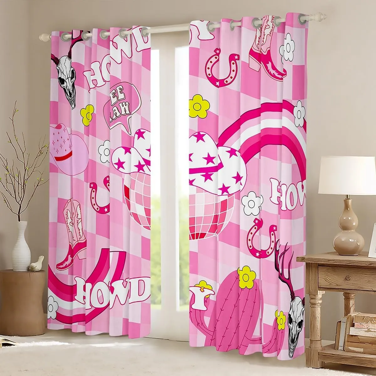Cowgirls Window Curtains Western Cowgirl Boots Hat Horseshoe Window Drapes, Hot Pink Daisy Cactus Cow Skull Window Treatments, Kids Girl Room Decor, Grommet Top 2 Panel Set Curtains, 42Wx84L inch