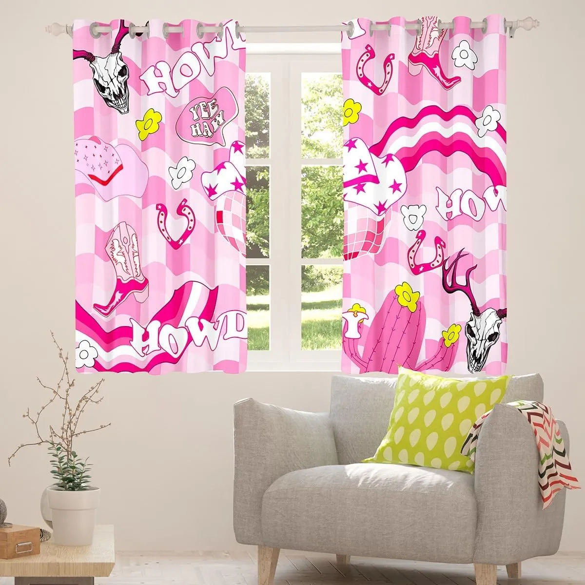 Cowgirls Window Curtains Western Cowgirl Boots Hat Horseshoe Window Drapes, Hot Pink Daisy Cactus Cow Skull Window Treatments, Kids Girl Room Decor, Grommet Top 2 Panel Set Curtains, 42Wx84L inch