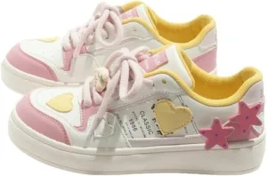 Cute Chunky Sneakers - Comfy, Stylish Low-Top Shoes for Women Teen Girls with 2 Star Charms, White & Pink & Yellow, Perfect for Everyday Wear, Back to School, Beach Travel
