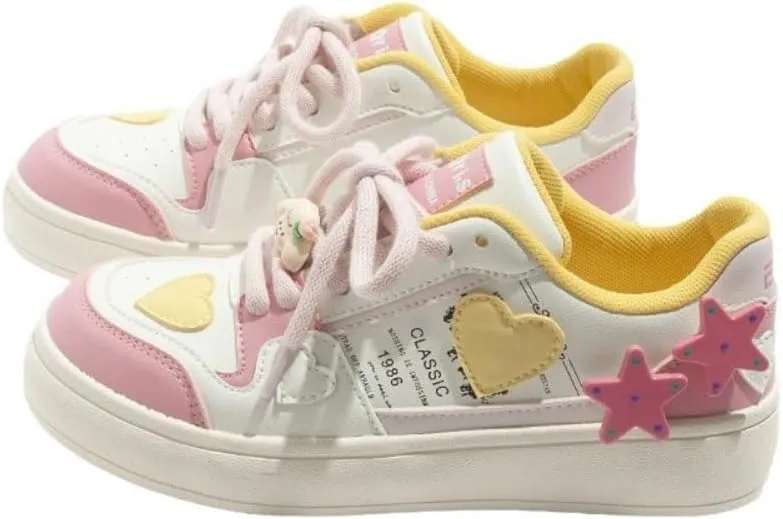 Cute Chunky Sneakers - Comfy, Stylish Low-Top Shoes for Women Teen Girls with 2 Star Charms, White & Pink & Yellow, Perfect for Everyday Wear, Back to School, Beach Travel