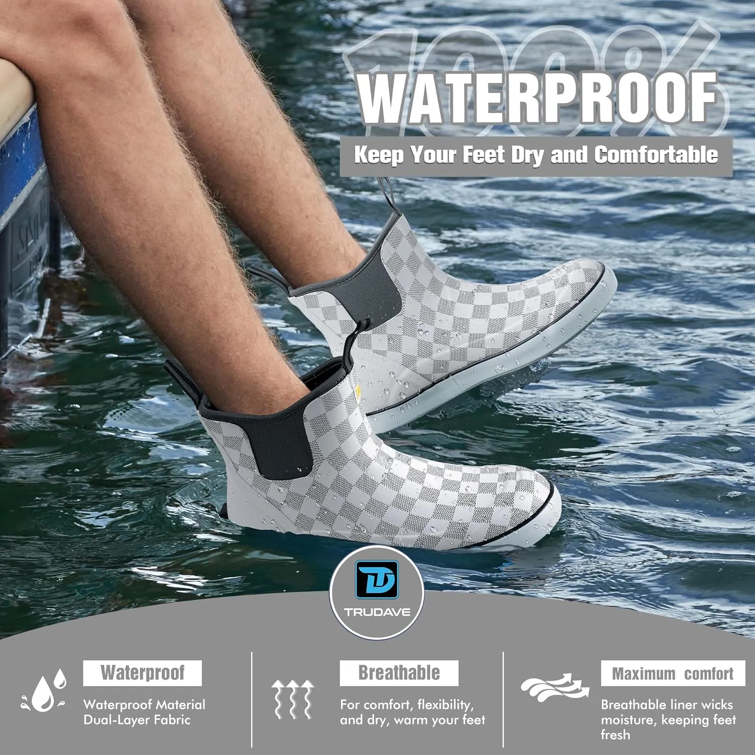 Deck Boots for Men, Men's Waterproof Insulated Reliable Rain Boots, Anti-Slip Ankle Rubber Boots with High-Traction for Fishing Boating, Size 6-14