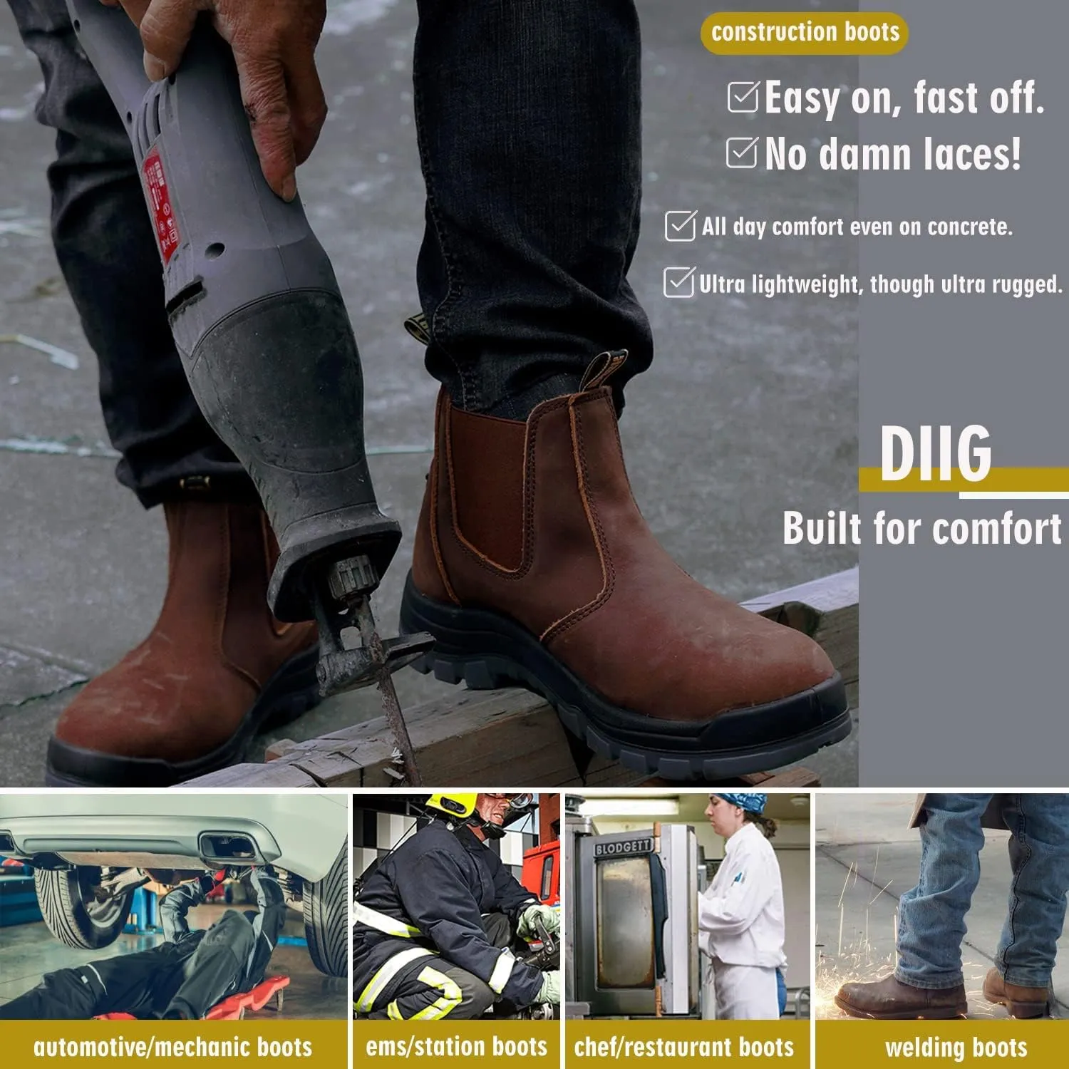 DIIG Work Boots for Men, Soft/Steel Toe Waterproof Working Boots, Slip Resistant Anti-Static Slip-on Safety EH Working Shoes 6 8 9 10 11 12 13 (Brown)