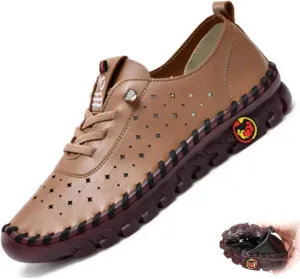 Dimleen Libiyi Womens Ultra-Comfy Breathable Sneakers Flat Bottom Leather Slip-on Loafers Handmade Soft Beef Tendon Orthotic WalkShoe (Brown B,10,Women,10)
