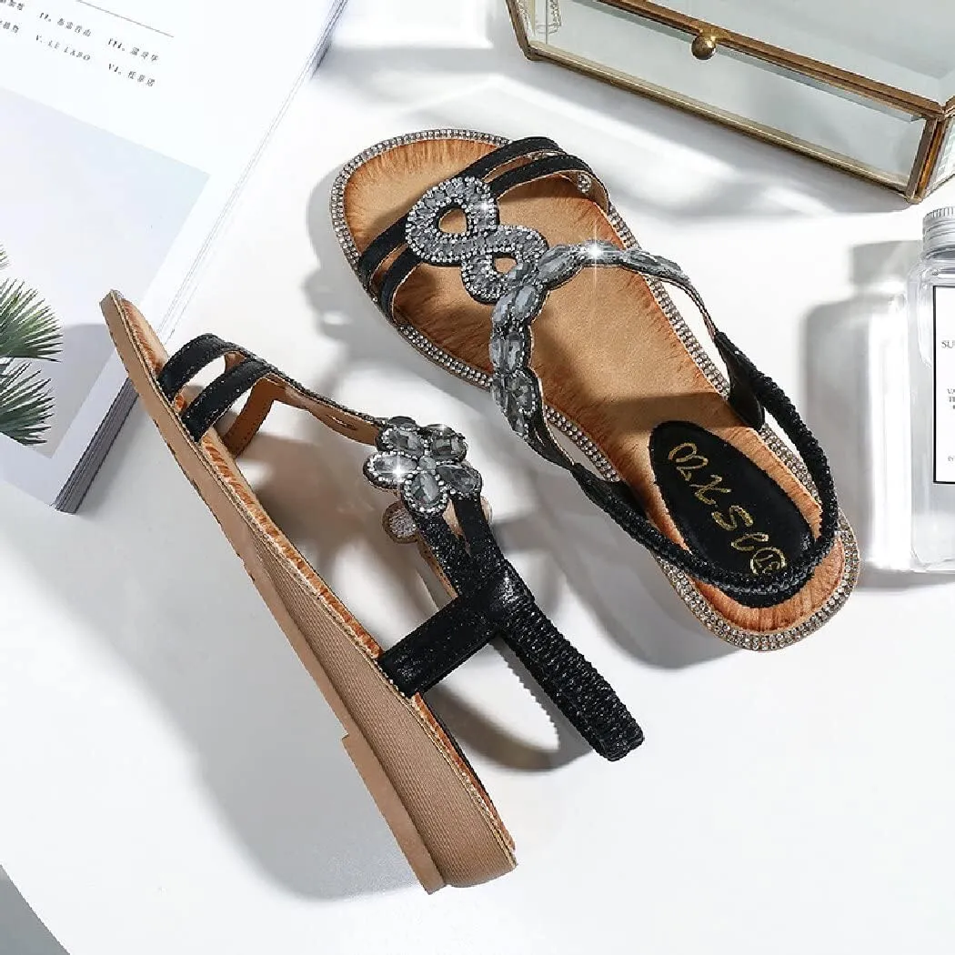 DKCHENH Rhinestone Sandals for Women Flat - Trendy Sparkling Boho Ladies' Flat Sandals,Beautiful Sparkling Boho Ladies' Flat Sandals for Summer.