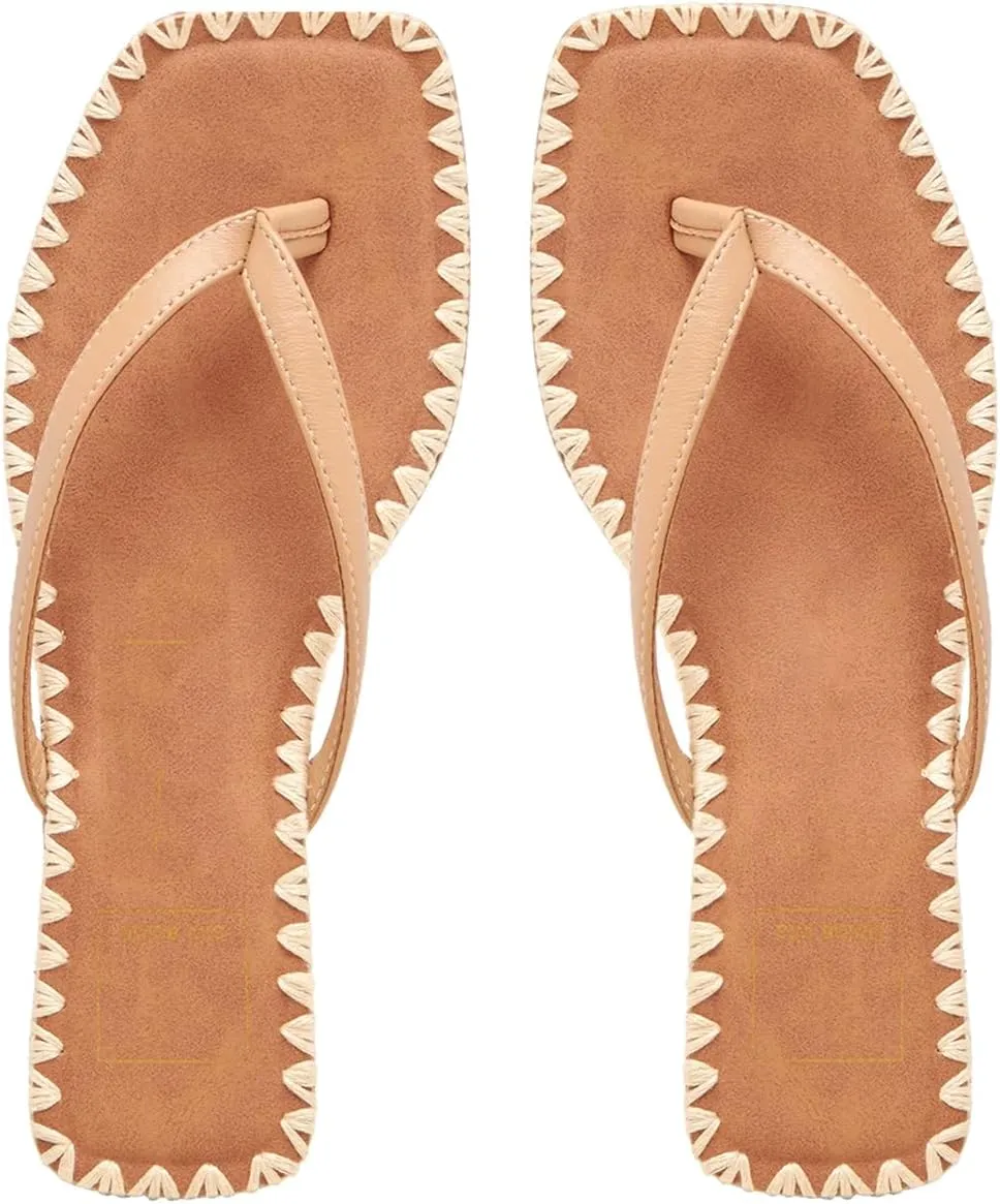 DOEYG Raffia Heels Sandals for Women Summer Beach Flip Flops Square Open Toe Flat Heeled Sandals Dressy Comfortable Slip on Thong Sandals